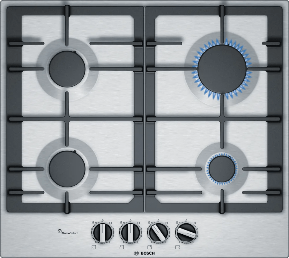 Bosch PCP6A5B90 Series 6 60cm Gas Hob Brushed steel - Araco Interiors