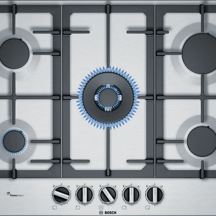 Bosch PCQ7A5B90 Series 6 75cm Gas Hob Brushed steel - Araco Interiors