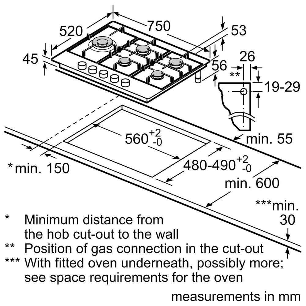 Bosch PCS7A5B90 Series 6 75cm Gas Hob Brushed steel - Araco Interiors