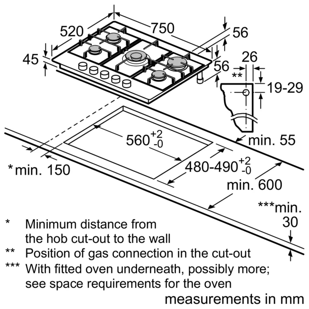 Bosch PGQ7B5B90 Series 4 75cm Gas Hob Brushed steel - Araco Interiors