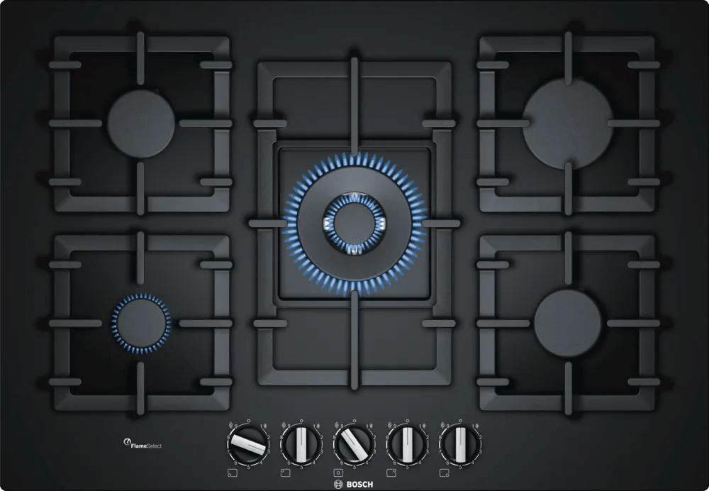 Bosch PPQ7A6B90 Series 6 75cm Gas Hob Black glass - Araco Interiors