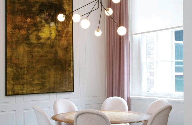 CTO Lighting Array Pendant - Large Ceiling Light bronze with satin brass details and shiny opal glass - Araco Interiors