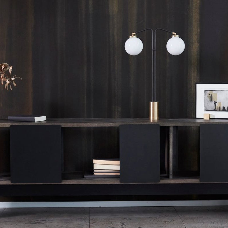 CTO Lighting Array Twin Table Lamp bronze with bronze details and shiny opal glass - 5 amp plug - Araco Interiors