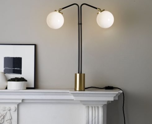 CTO Lighting Array Twin Table Lamp bronze with satin brass details and shiny opal glass - 5 amp plug - Araco Interiors