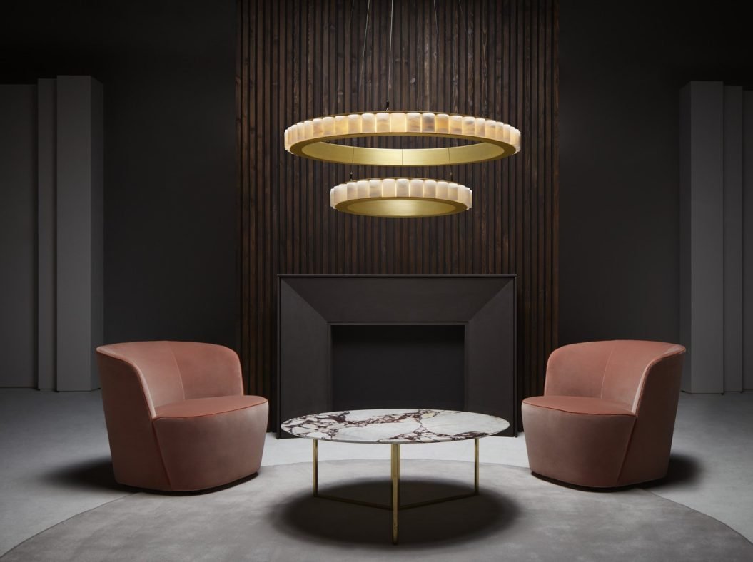 CTO Lighting Avalon Halo - Ceiling Rose Chandelier satin brass with honed alabaster - Araco Interiors