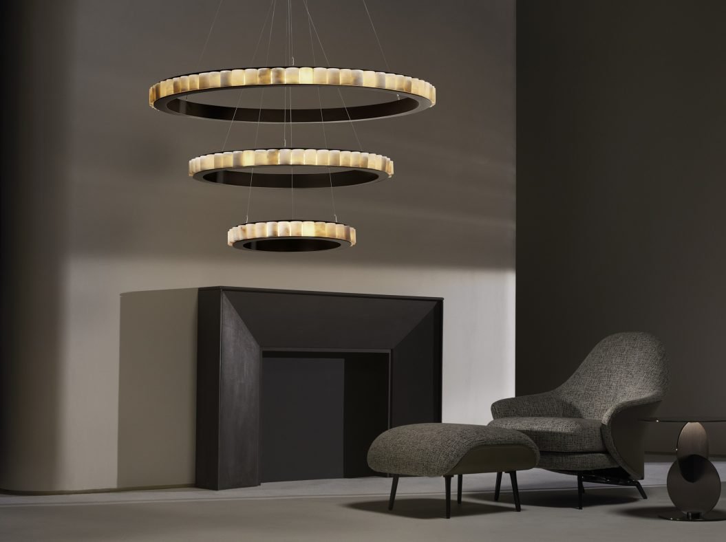 CTO Lighting Avalon Triple - Ceiling Mounting Plate Chandelier bronze finish with honed alabaster - Araco Interiors