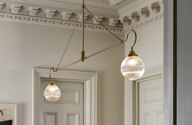 CTO Lighting Floren 2 Arm Pendant Light antique brass and ribbed glass - Araco Interiors