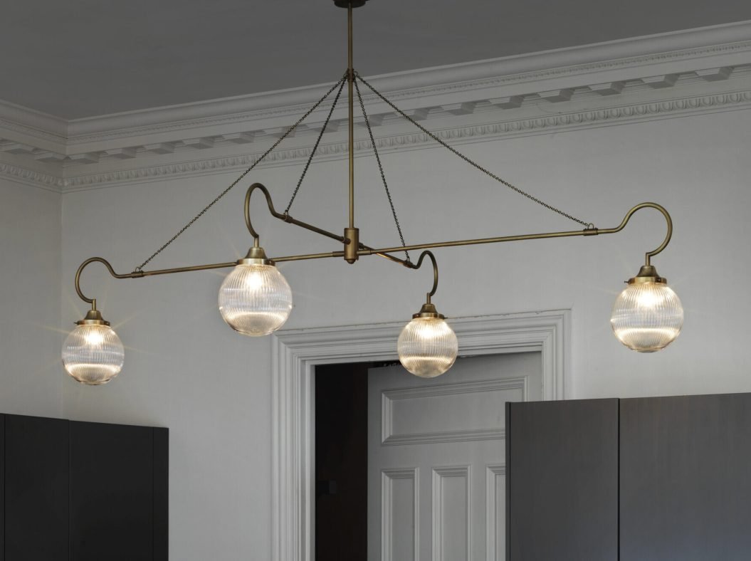 CTO Lighting Floren 4 Arm Pendant Light antique brass and ribbed glass - Araco Interiors