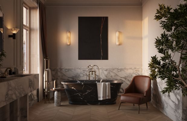 CTO Lighting Hepworth Tall - DALI - A Wall Light polished nickel with honed alabaster - Araco Interiors