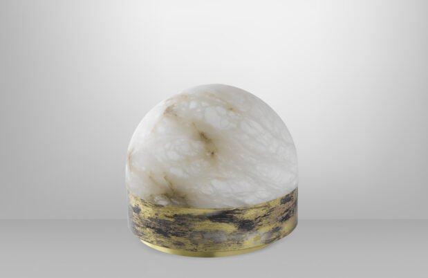 CTO Lighting Lucid 300 Table Lamp silvered oxidised brass with honed alabaster 5 amp plug - Araco Interiors