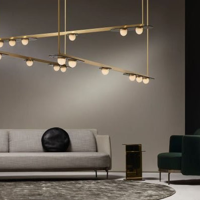 CTO Lighting Modulo - Horizontal Chandelier satin brass with smoked kiln glass and matt glass - Araco Interiors