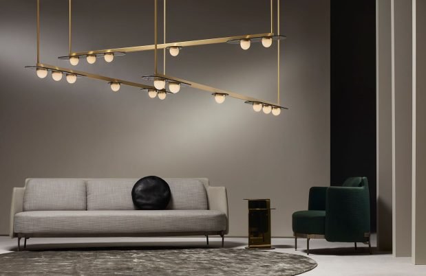 CTO Lighting Modulo - Horizontal Chandelier satin brass with smoked kiln glass and matt glass - Araco Interiors