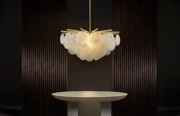 CTO Lighting Nimbus - Round - Large - DALI - A Chandelier satin brass with fritted glass - Araco Interiors