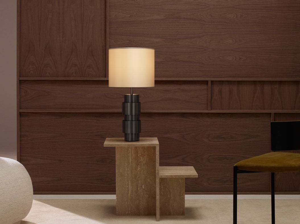 CTO Lighting Ring Table Lamp antique bronze with satin brass details and dove grey silk shade - Araco Interiors