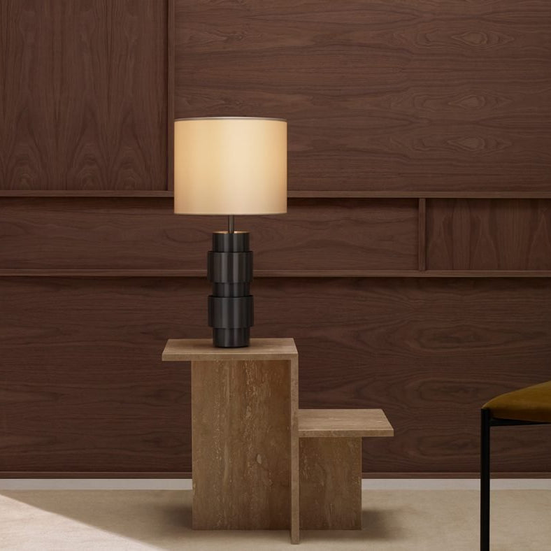 CTO Lighting Ring Table Lamp antique bronze with satin brass details and dove grey silk shade - Araco Interiors