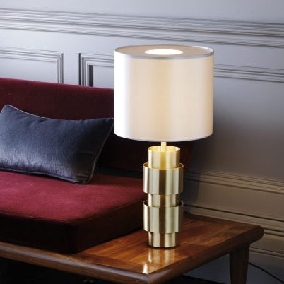 CTO Lighting Ring Table Lamp satin brass with satin brass details and dove grey silk shade - Araco Interiors