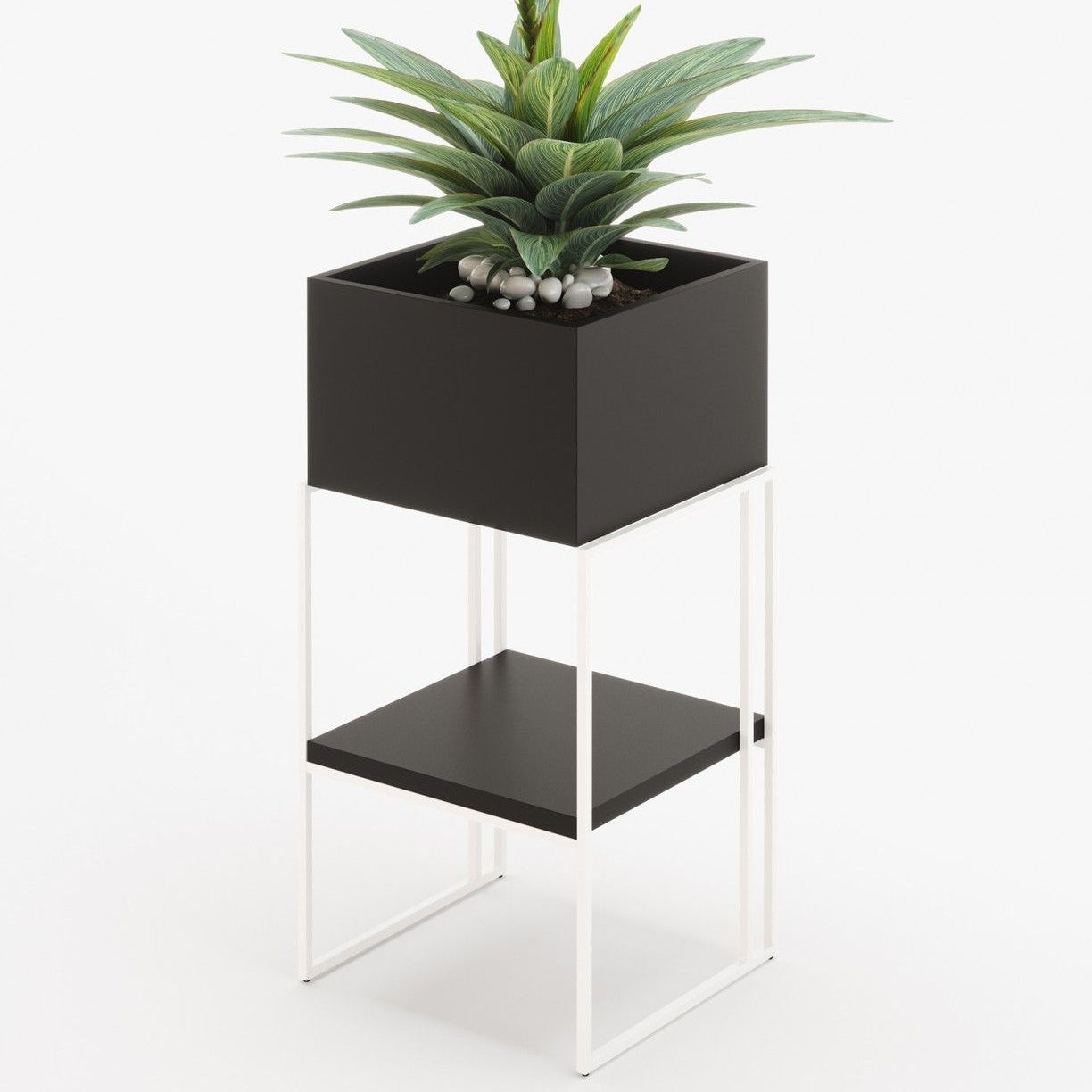 Laskasas ACHILES with shelf Planter & Pot Black Lacquer Matte - Araco Interiors