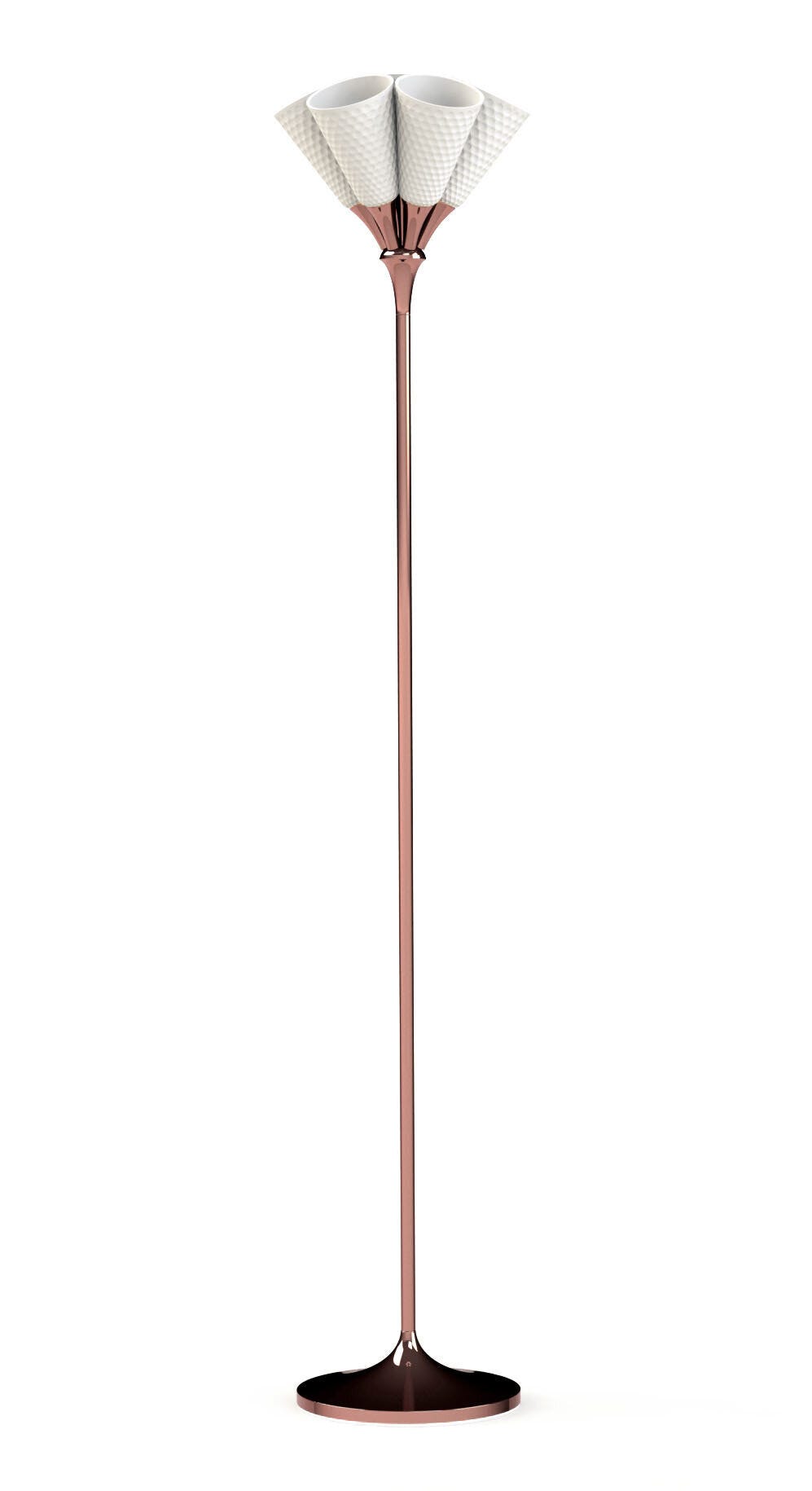 Lladro Floor lamp in translucent white porcelain and copper metal. Its design is reminiscent of the shape of Jazz instruments. Floor Lamp - Araco Interiors