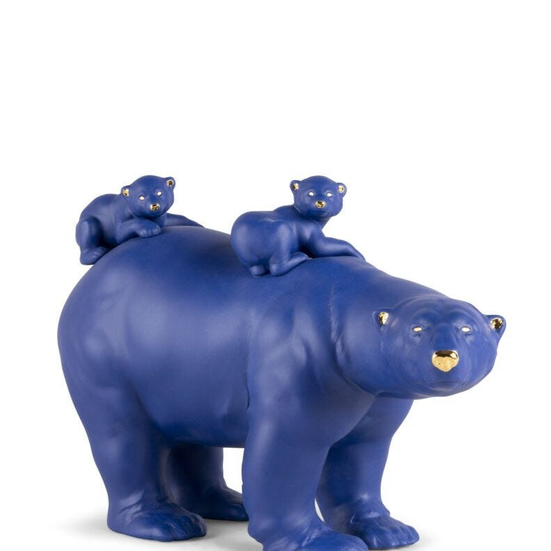 Lladro Mummy bear and babies (blue - gold) Blue - Araco Interiors