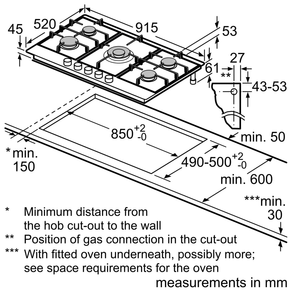 Bosch PCR9A5B90 Series 6 90cm Gas Hob Brushed steel - Araco Interiors