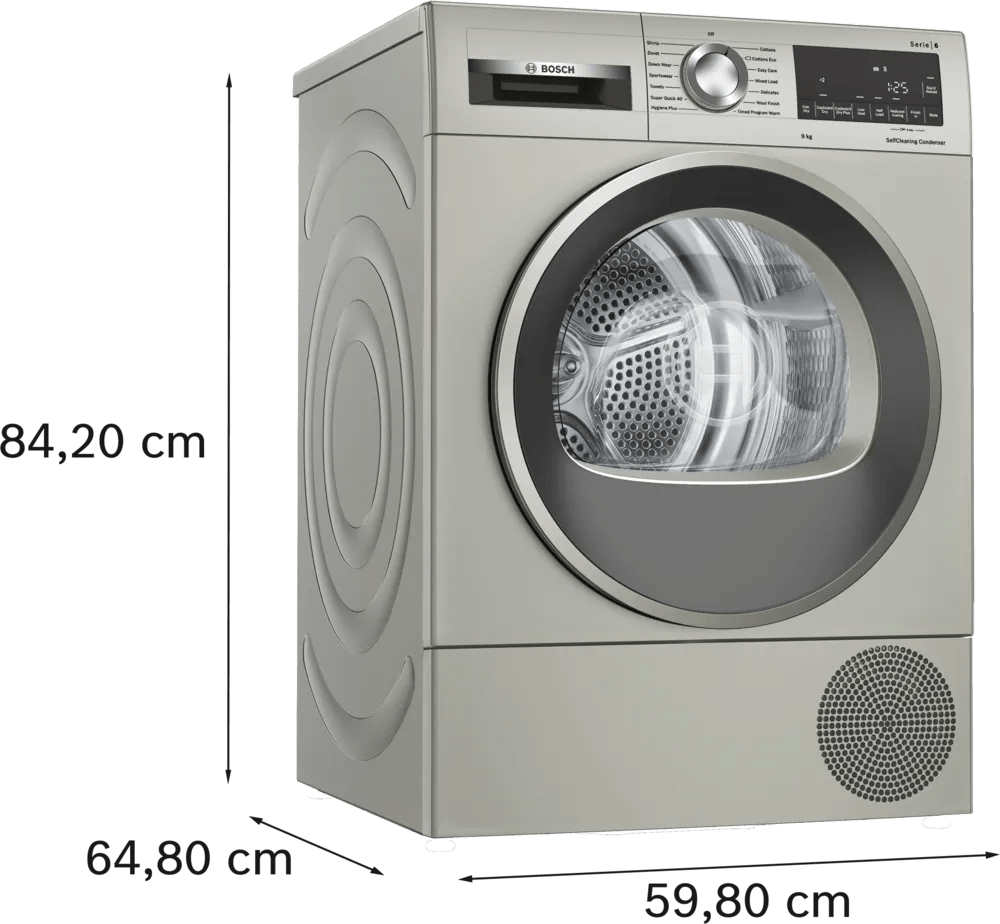 Bosch WQG245S9GB Series 6 Heat Pump 9kg Freestanding Tumble Dryer Silver Inox - Araco Interiors