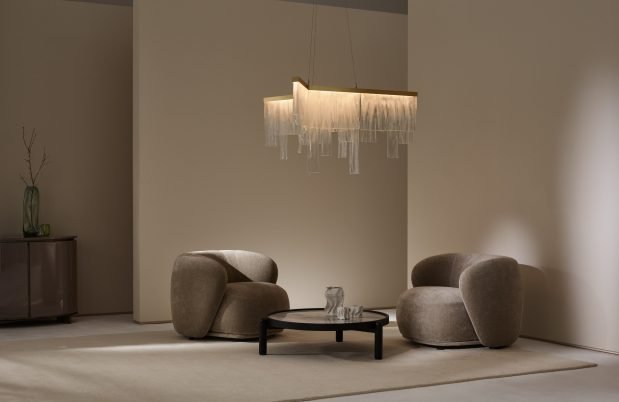 CTO Lighting Cascata - Ceiling Mounting Plate - DALI - A Chandelier satin brass with wavy kiln glass - Araco Interiors