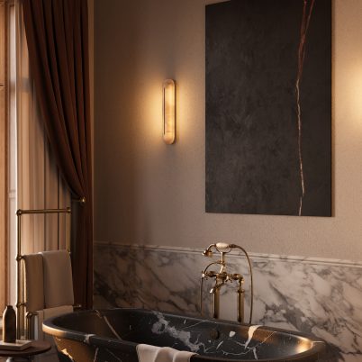 CTO Lighting Hepworth - IP44 - DALI - A Wall Light satin brass with honed alabaster - Araco Interiors