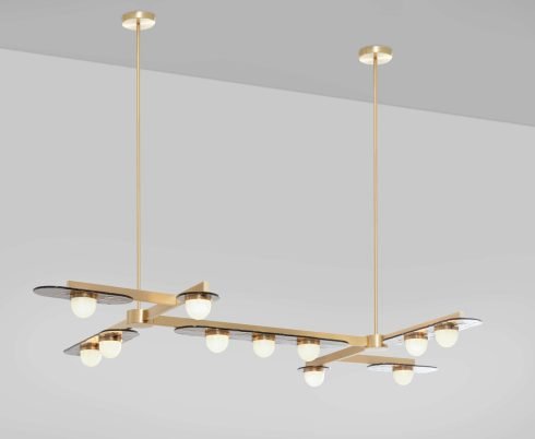 CTO Lighting Modulo - Grid 11 Chandelier satin brass with smoked kiln glass and matt opal glass - Araco Interiors
