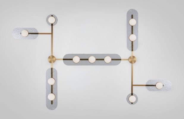 CTO Lighting Modulo - Grid 11 - DALI - A Chandelier satin brass with smoked kiln glass and matt glass - Araco Interiors