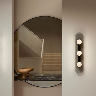 CTO Lighting Modulo - Twin IP44 Wall Light satin brass with smoked kiln glass and matt glass - Araco Interiors