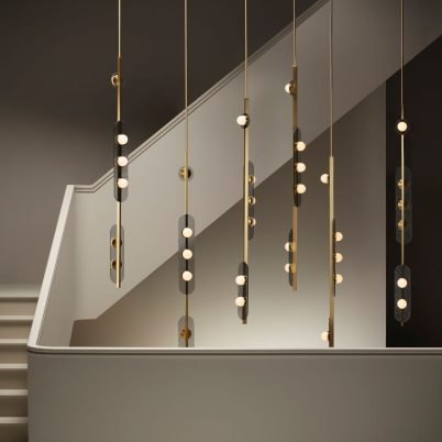 CTO Lighting Modulo - Vertical Chandelier satin brass with smoked kiln glass and matt glass - Araco Interiors