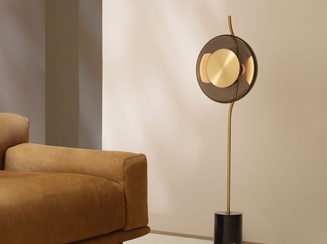 CTO Lighting Pendulum Floor Lamp bronze with smoked glass and nero marquina marble - Araco Interiors