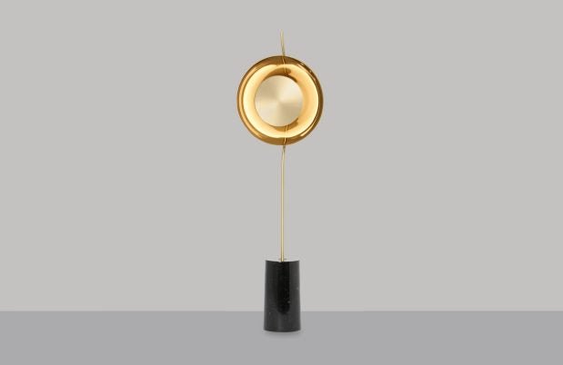 CTO Lighting Pendulum Floor Lamp satin brass with smoked glass and nero marquina marble - Araco Interiors