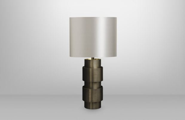 CTO Lighting Ring Table Lamp bronze with satin brass details and dove grey silk shade - Araco Interiors