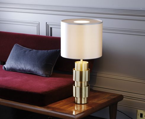 CTO Lighting Ring Table Lamp satin brass with satin brass details and dove grey silk shade - Araco Interiors