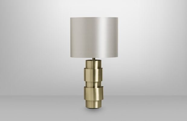 CTO Lighting Ring Table Lamp satin brass with satin brass details and dove grey silk shade - Araco Interiors