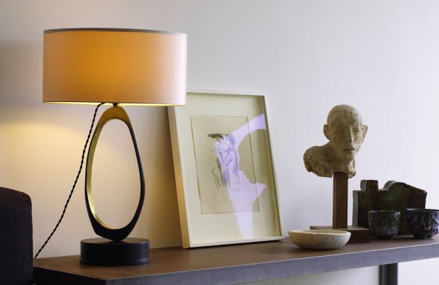 CTO Lighting Stella Table Lamp bronze/satin brass with dove grey shade UK plug - Araco Interiors