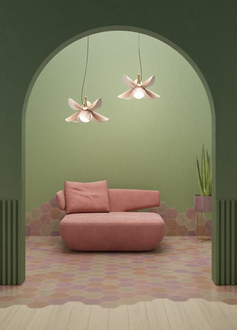 Lladro Blossom Hanging Lamp. Pink and Golden Luster. (CE/UK/CCC) - Araco Interiors
