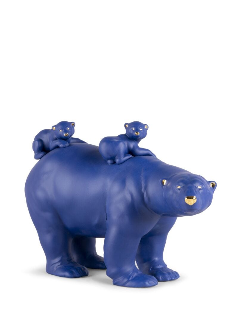 Lladro Mummy bear and babies (blue - gold) Blue - Araco Interiors