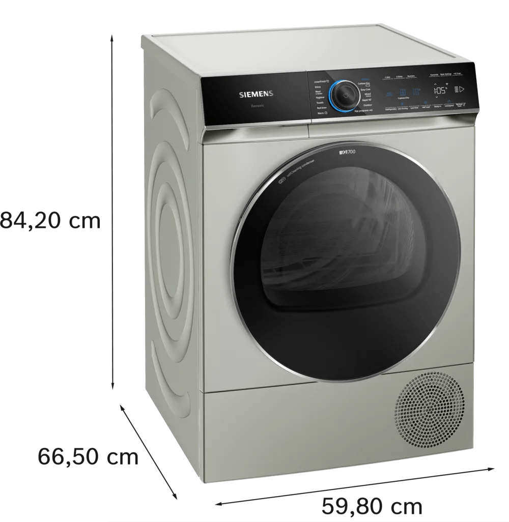 Siemens WQ46B2CXGB iQ700 Heat Pump 9kg Freestanding Tumble Dryer Silver inox - Araco Interiors